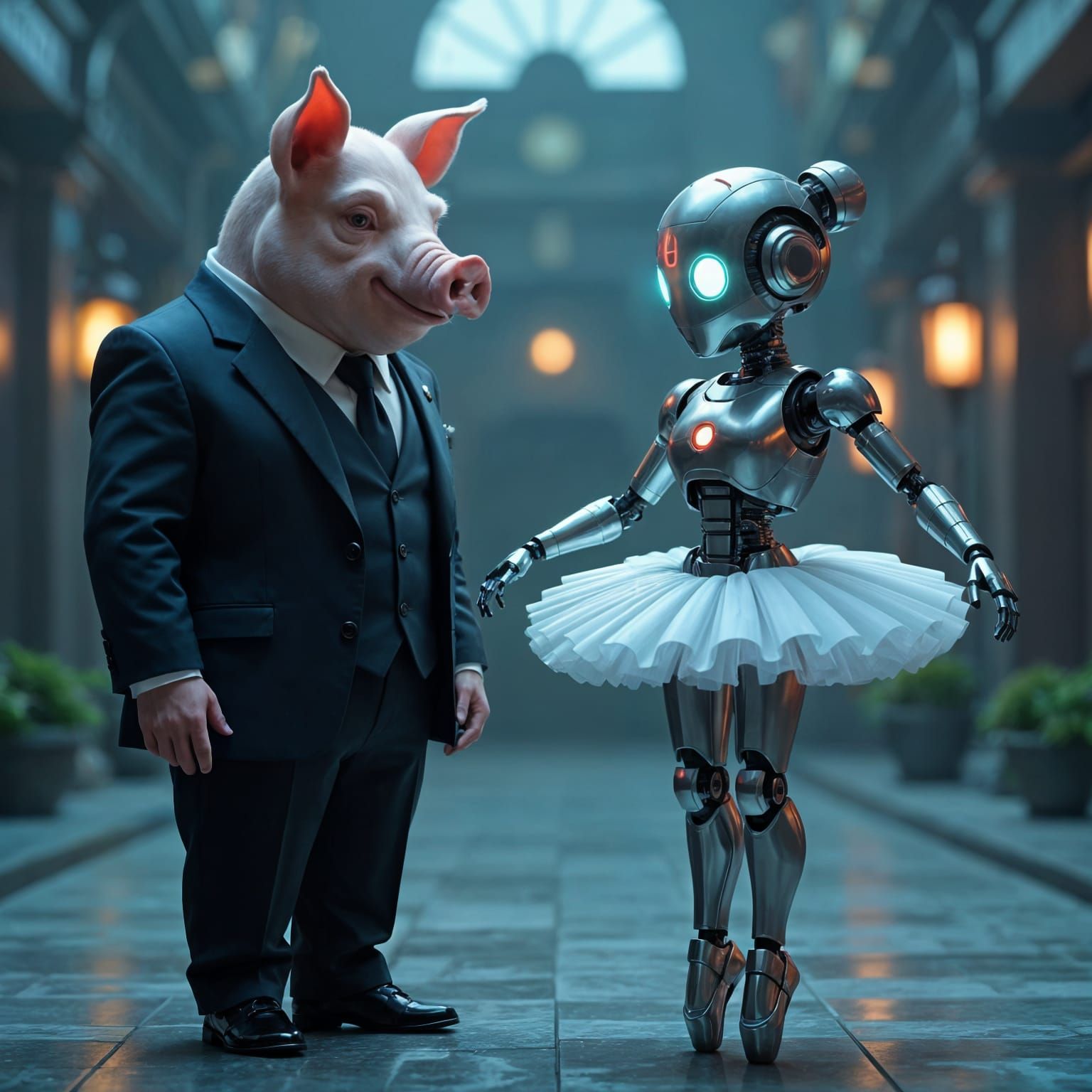 Paunchy Pig-Man Admires Ballerina Robot Girl