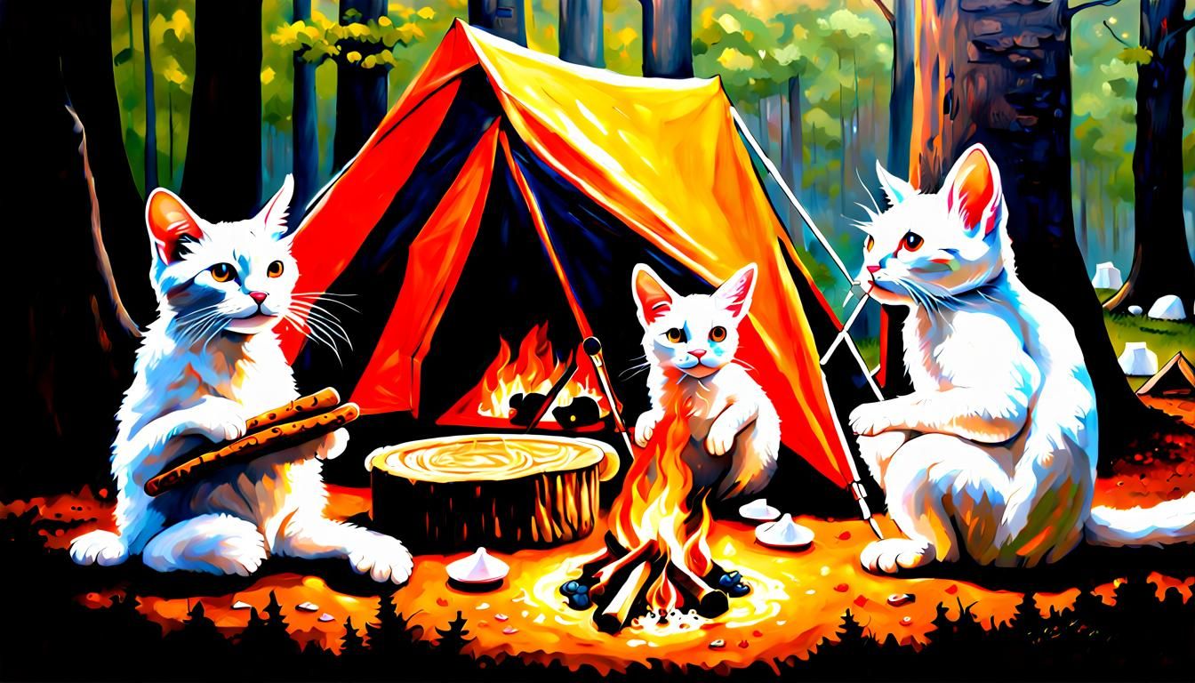 Moogle-Cats Camping: Hyperrealistic Oil Painting
