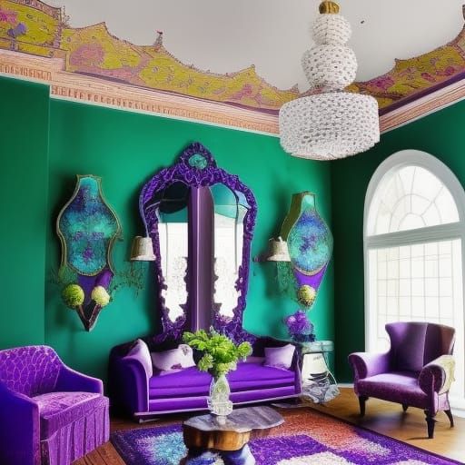 Eccentric whimsical living room with purple walls with cobalt blue accents& whimsical windows with Emerald green curtain...