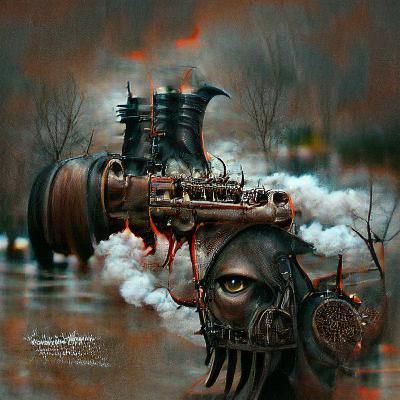 Sinister Steampunk Engine in a Ruined Landscape