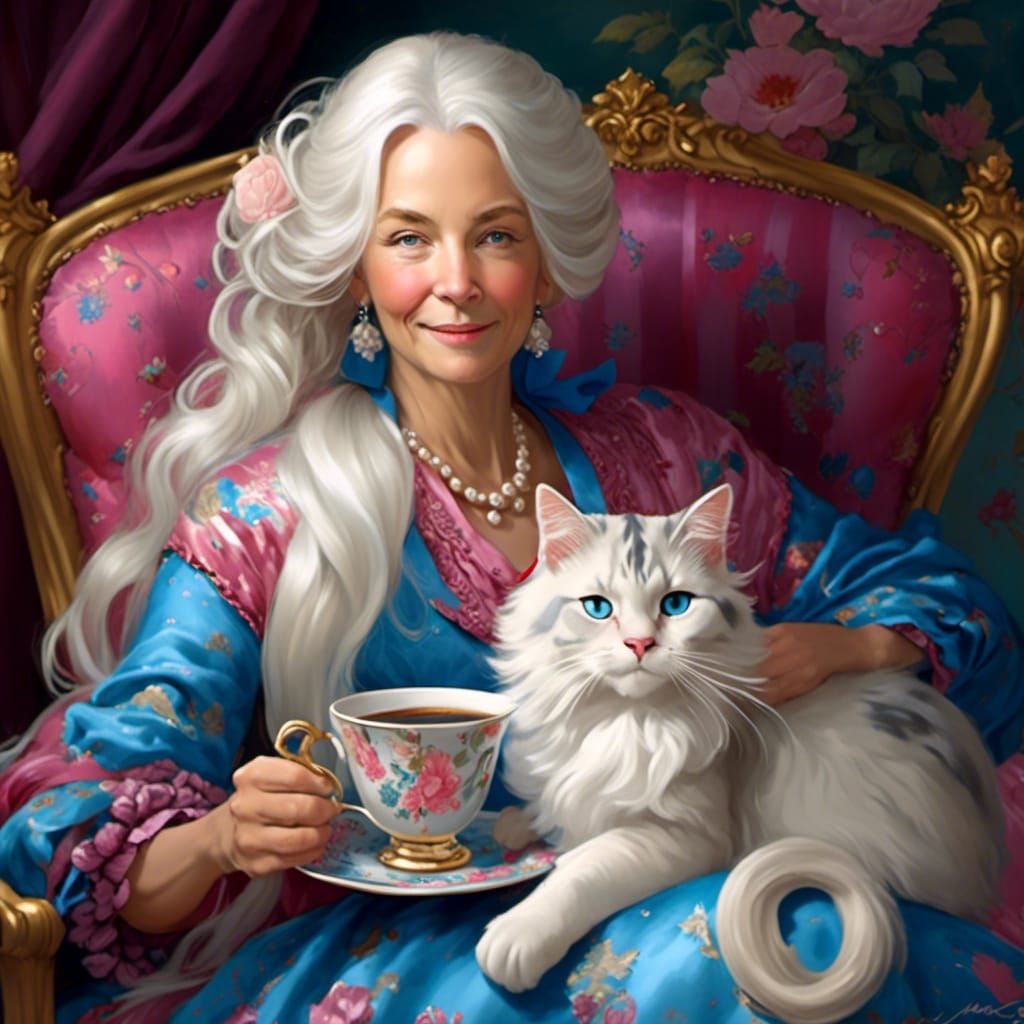 Elegant Woman with Cat and Coffee, Hyperrealistic Style
