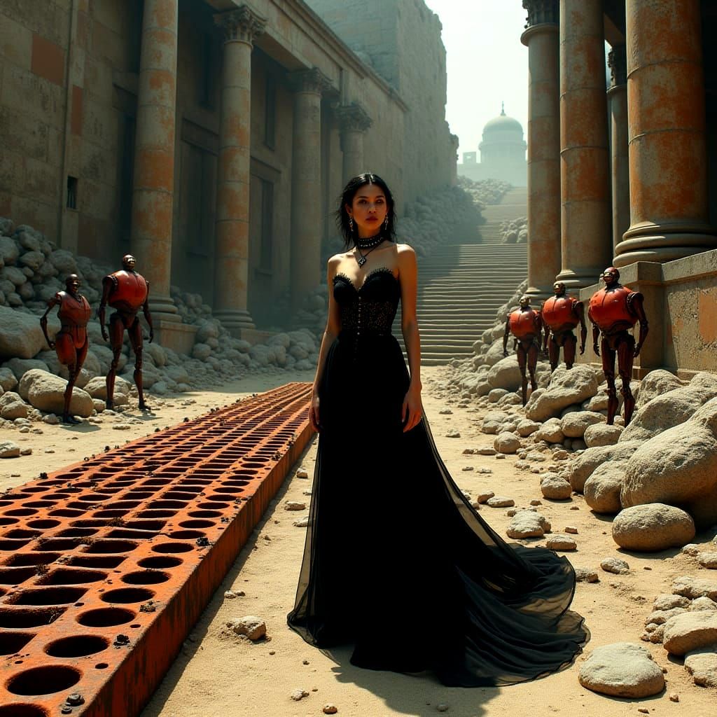 Gothic Robots Amidst Ruins in Intense Neon Light