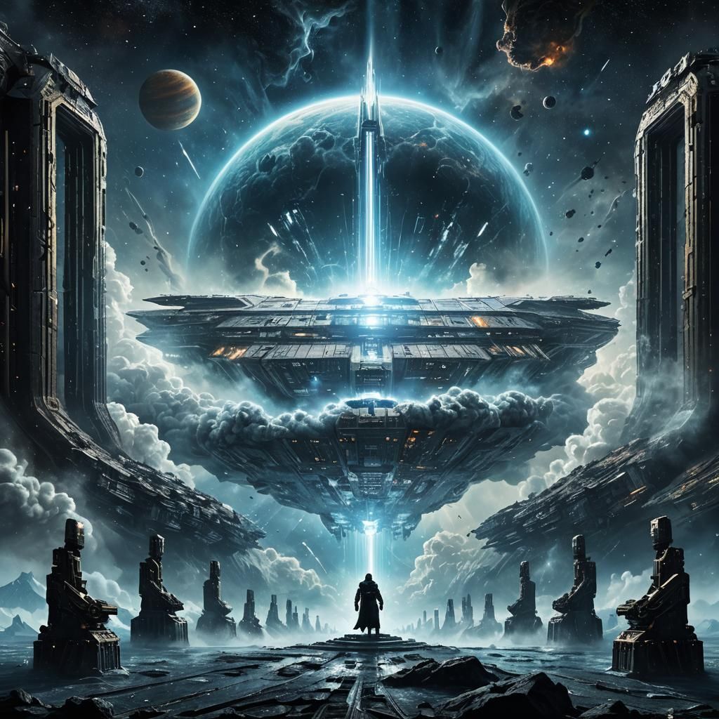 Spaceship Emerges from Nebula Storm in Digital Painting