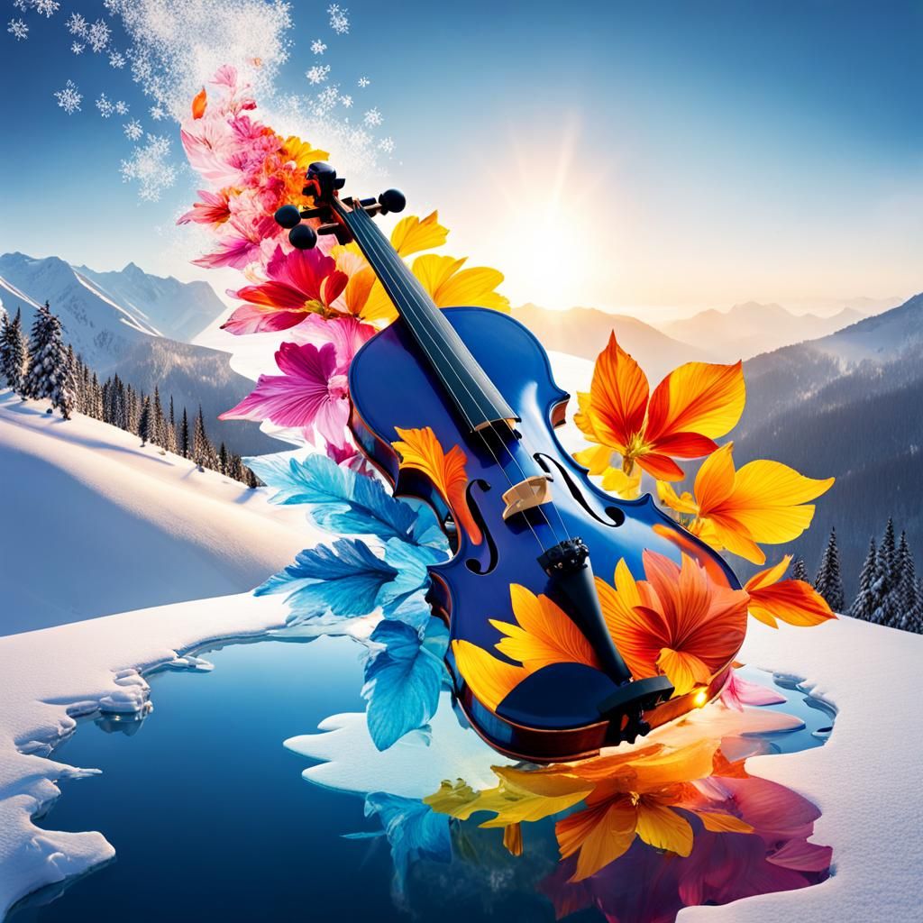 Double Exposure Art: Violin, Flowers, and Elements