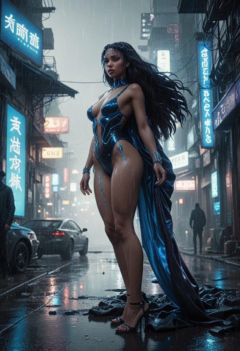 Cyberpunk Goddess Emerges in Dystopian Cityscape