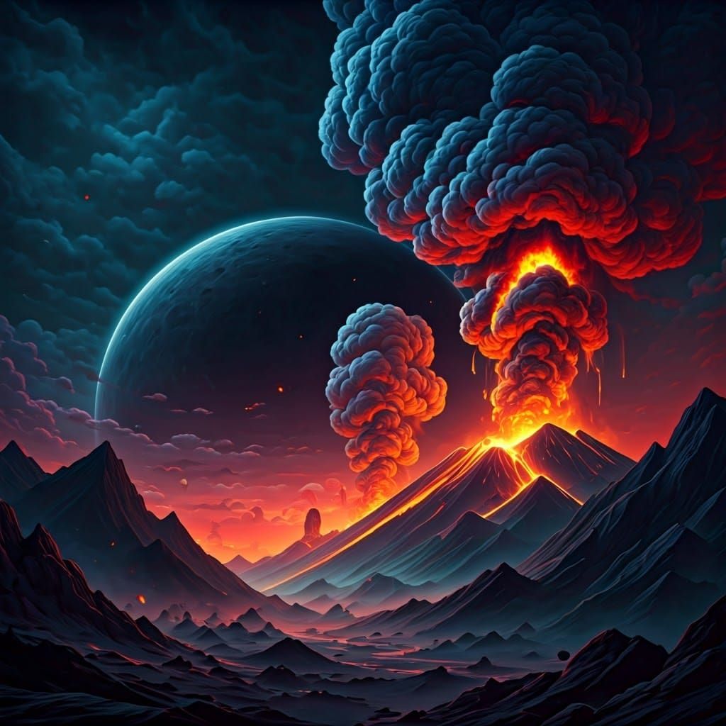 Black Moon Over Volcanic Eruption in Matte Painting Style