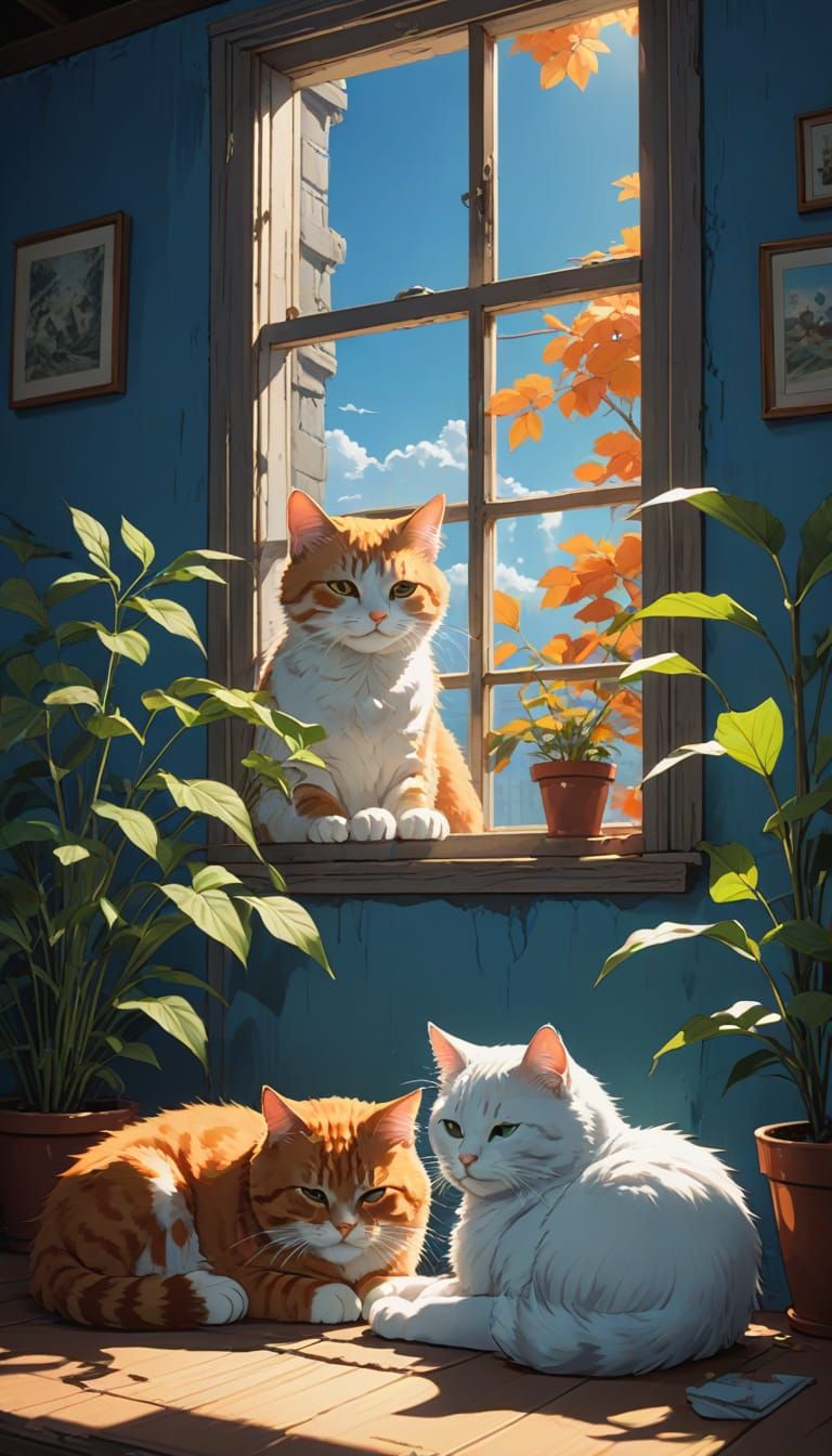 Studio Ghibli-Style Cats Bask in Warm Sunlight