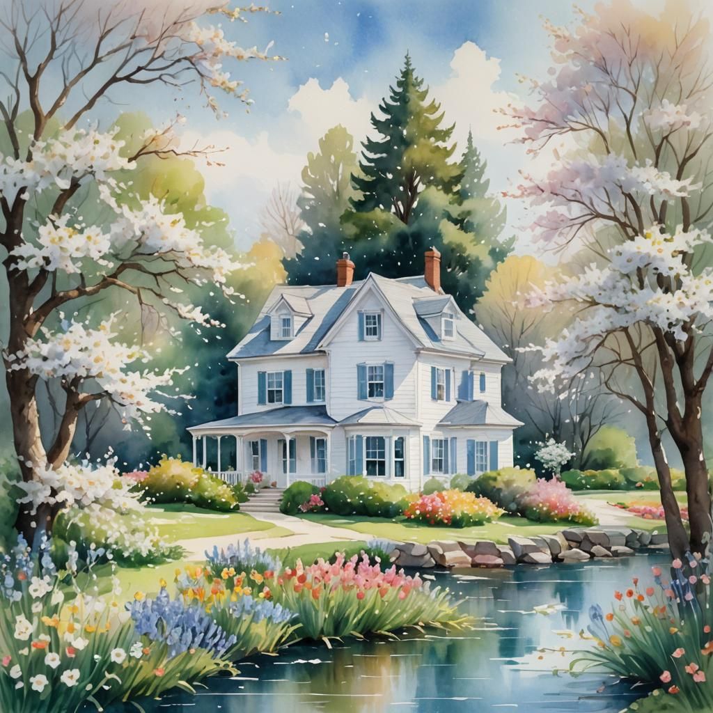 White House in Spring Garden: Watercolor Painting