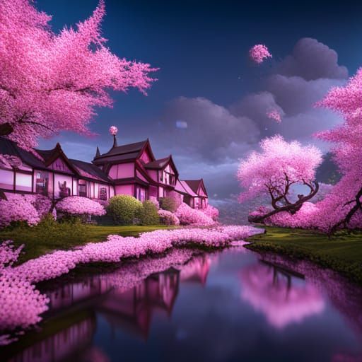 Pink Houses and Cherry Blossoms in Matte Painting Style