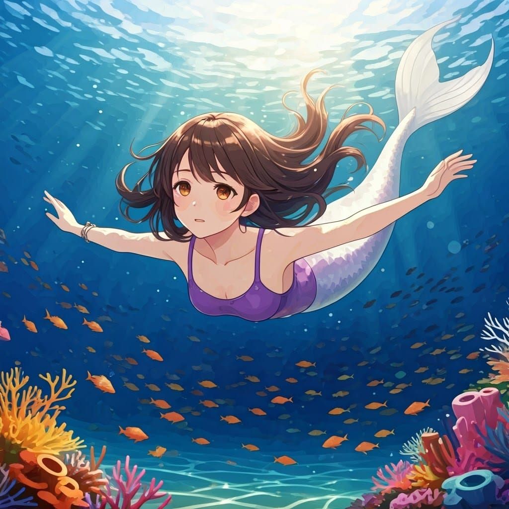 Girl Swims with Mermaid in Vibrant Ocean Scene