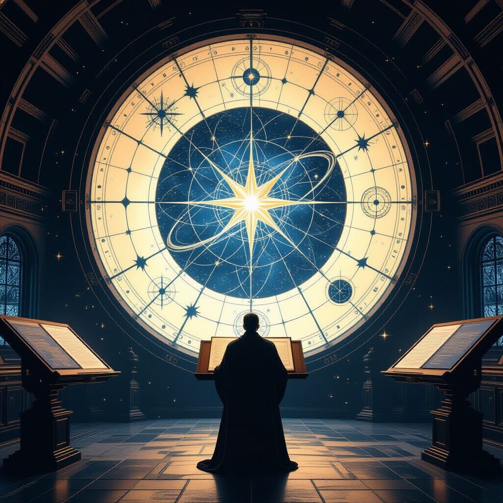 Scholar Studies Glowing Star Charts in Dim Observatory