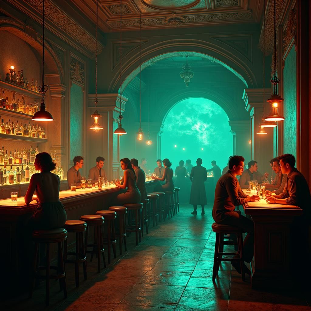 Mystical 1930s Bar Scene in Matte Painting Style