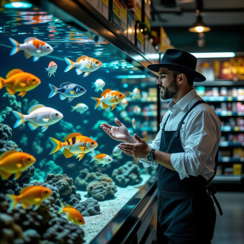 Aquarium Fishers in Supermarket, Cinematic Film Still