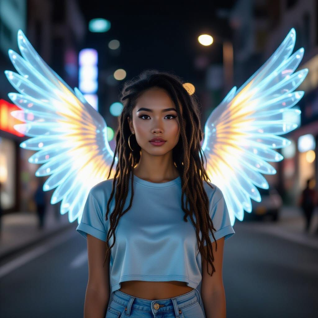 Asian Woman with Fiber Optic Wings in Cityscape