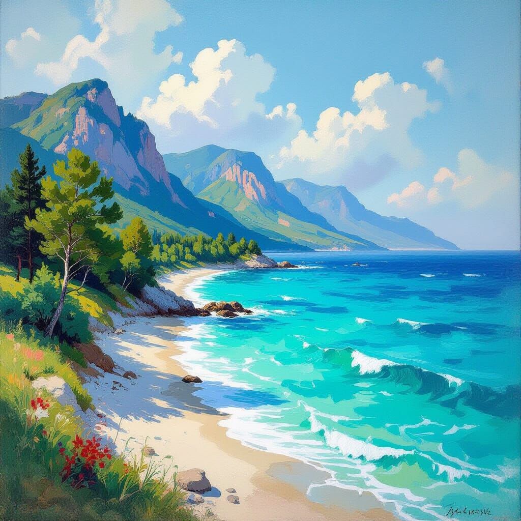 Seascape with Mountain in Dreamy, Vibrant Style