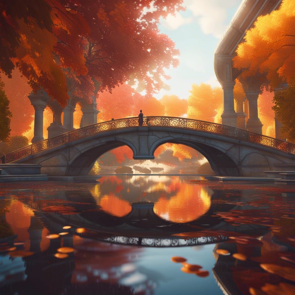 Autumn Bridge Reflected in Pool: 8k Concept Art