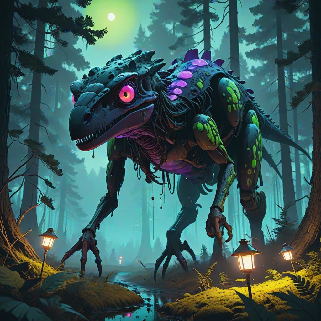 Jurassic Raptor Hunting Beetles in Primeval Forest