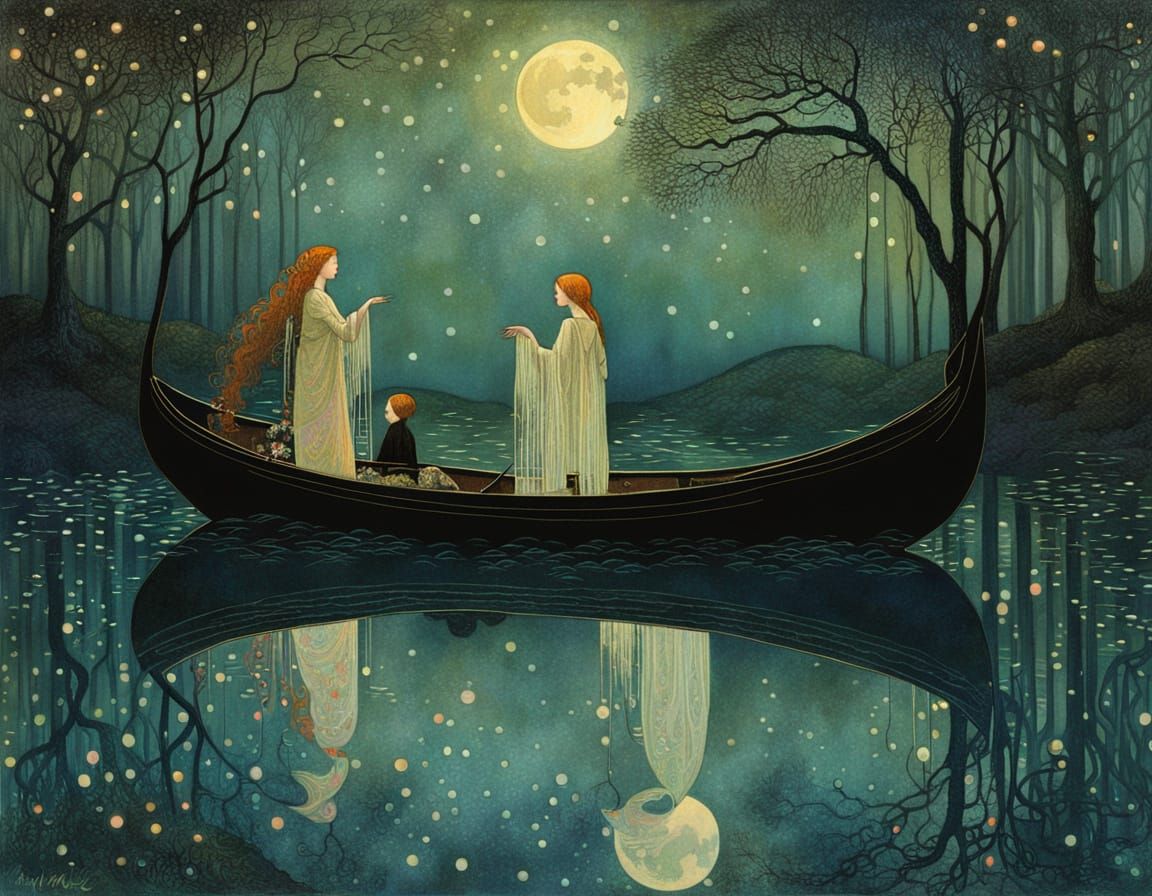 Glowing Water Nymphs in a Dreamlike Night Scene