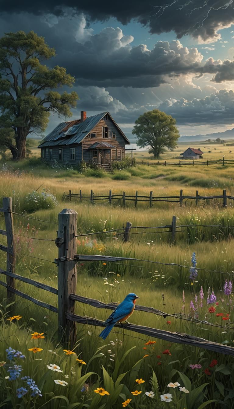 Abandoned Farmhouse With Wildflowers and Bluebird