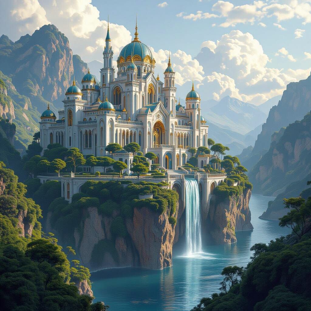 Majestic Fantasy Palace with Gardens, Matte Painting Style