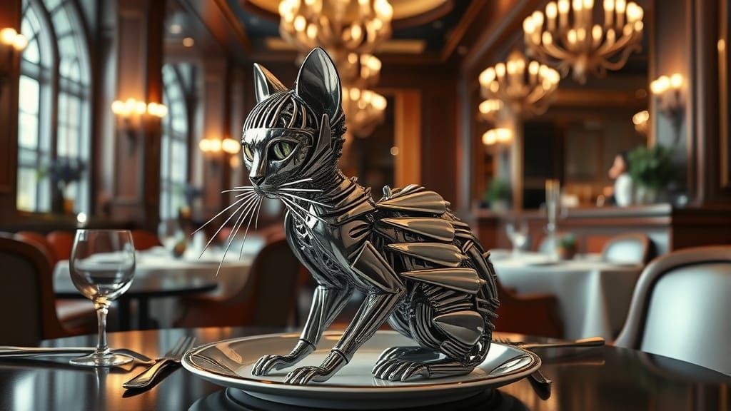 Whimsical Cutlery Cat in Upscale Restaurant Setting