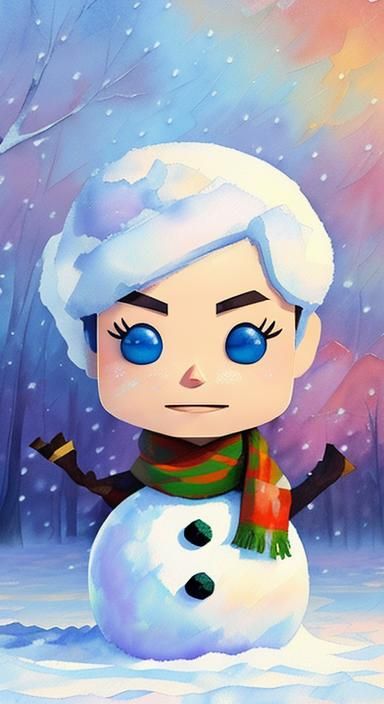 Vibrant FunkoPOP Snowman in Whimsical Watercolor Style