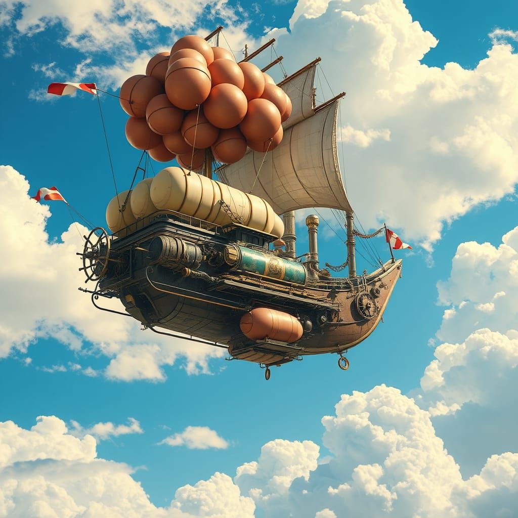 Steampunk Airship Soaring Through Blue Sky