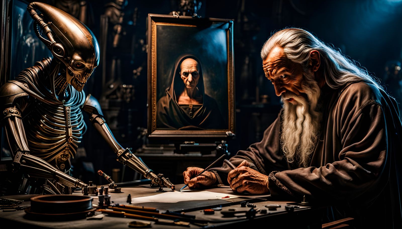 Da Vinci Painting a Mutant Alien Portrait