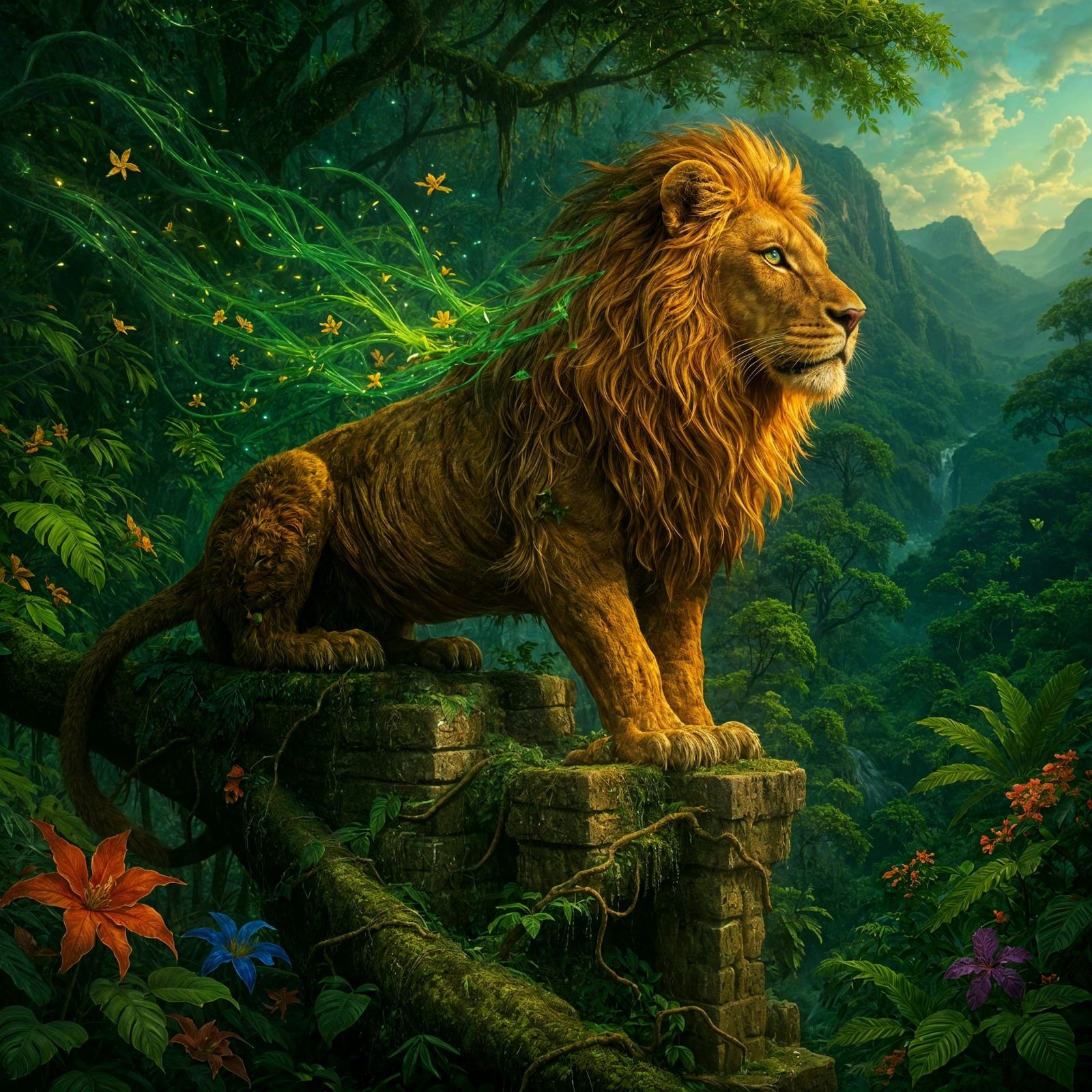 Majestic Lion in Mystical Jungle Digital Art