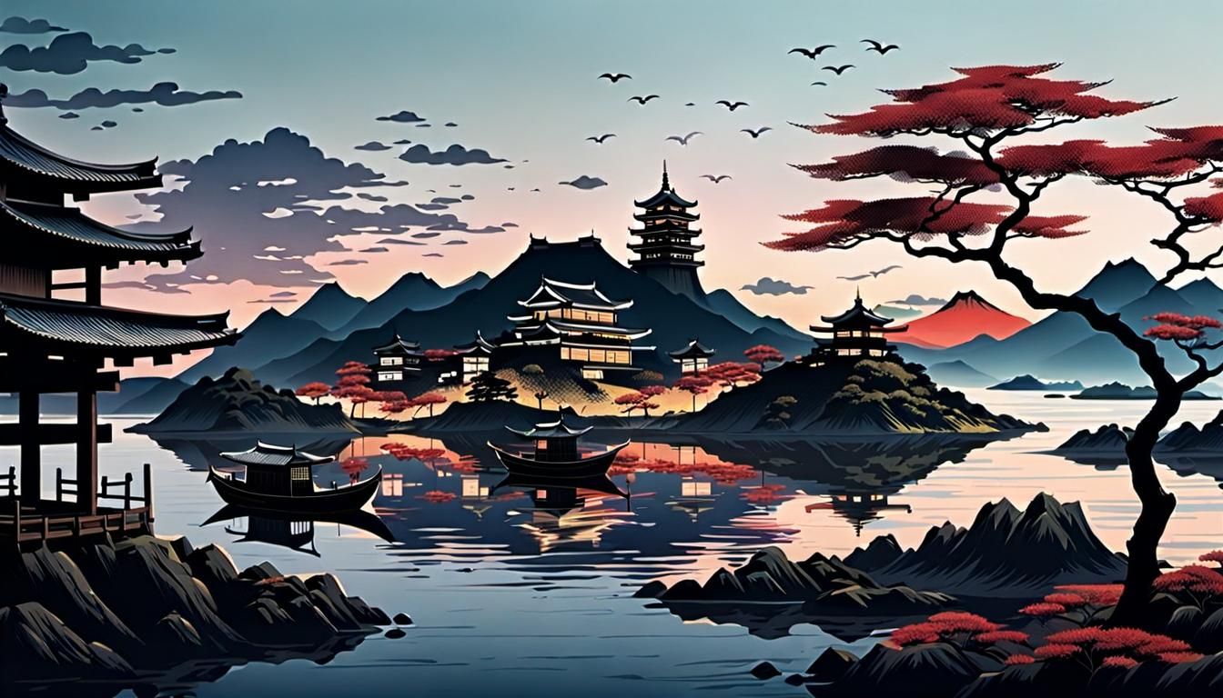 Samurai Castle at Dusk in Japanese Silkscreen Style