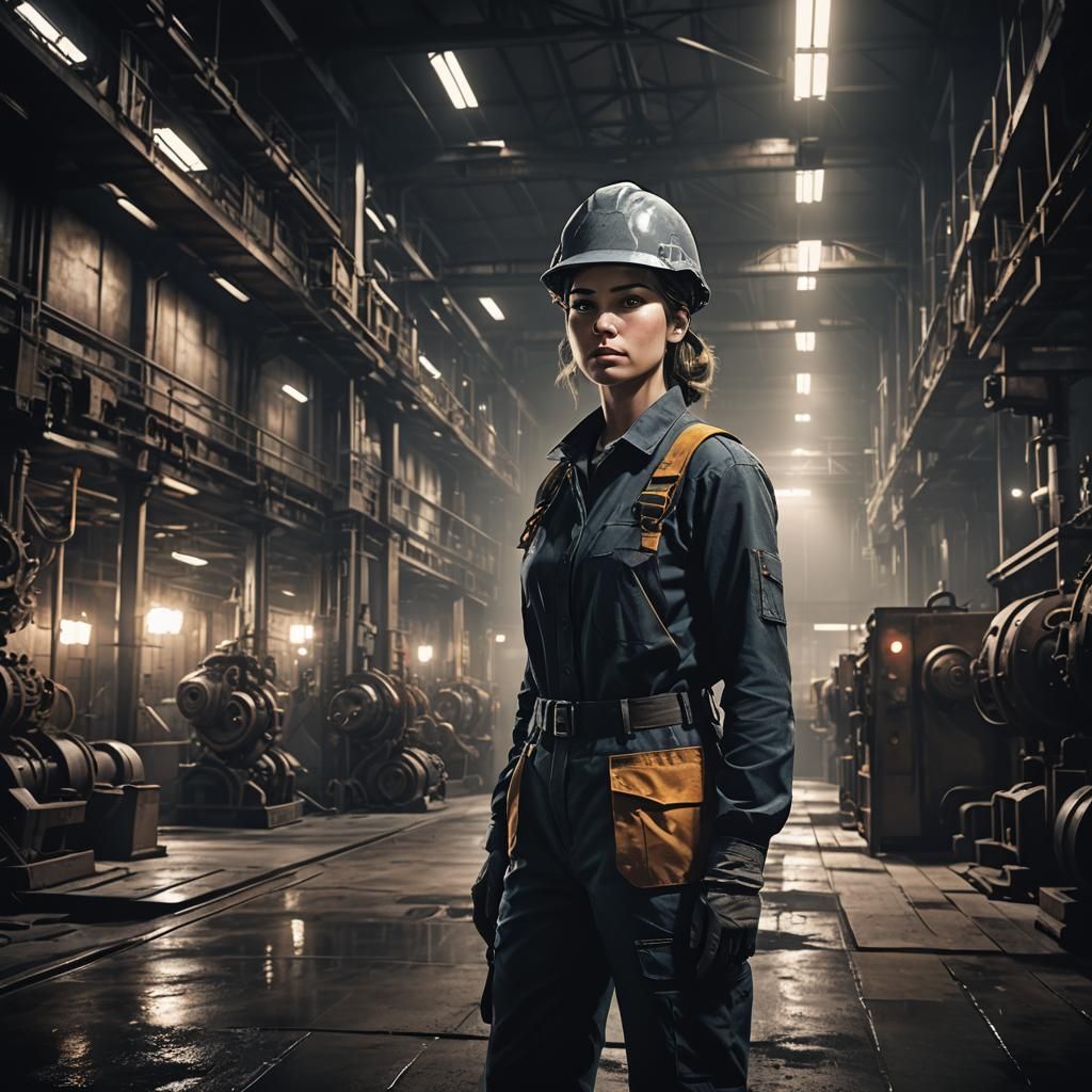 Industrial Warehouse Concept Art: Lone Figure in Monochrome