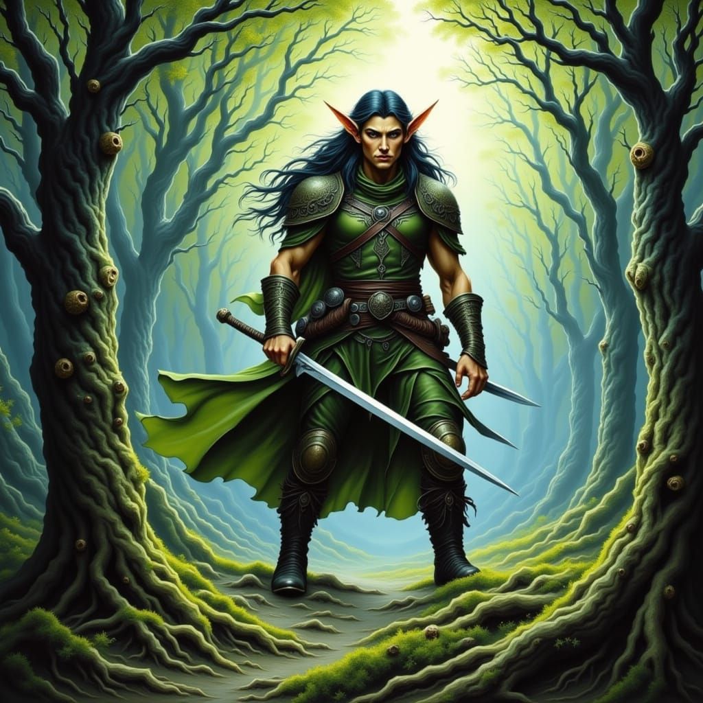 Elven Ranger Stalking Enemy in Woods