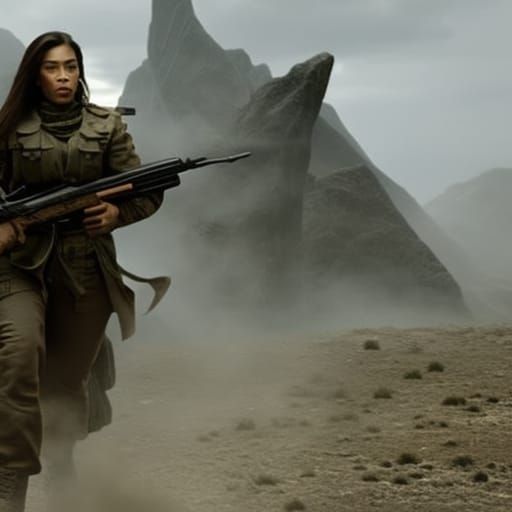 Female Soldier in Intense Gunfight Scene