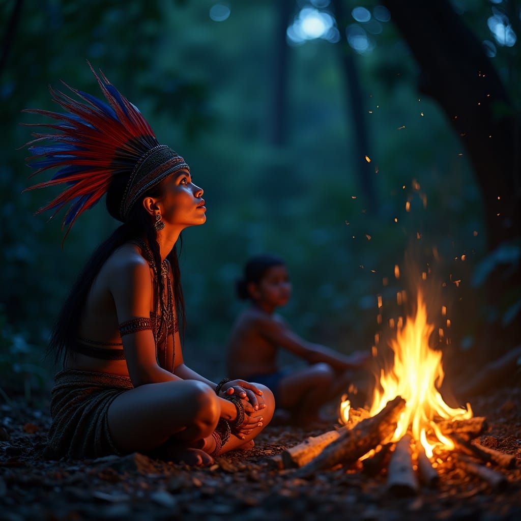 Surreal Shaman Woman in Amazonian Village by Starlight