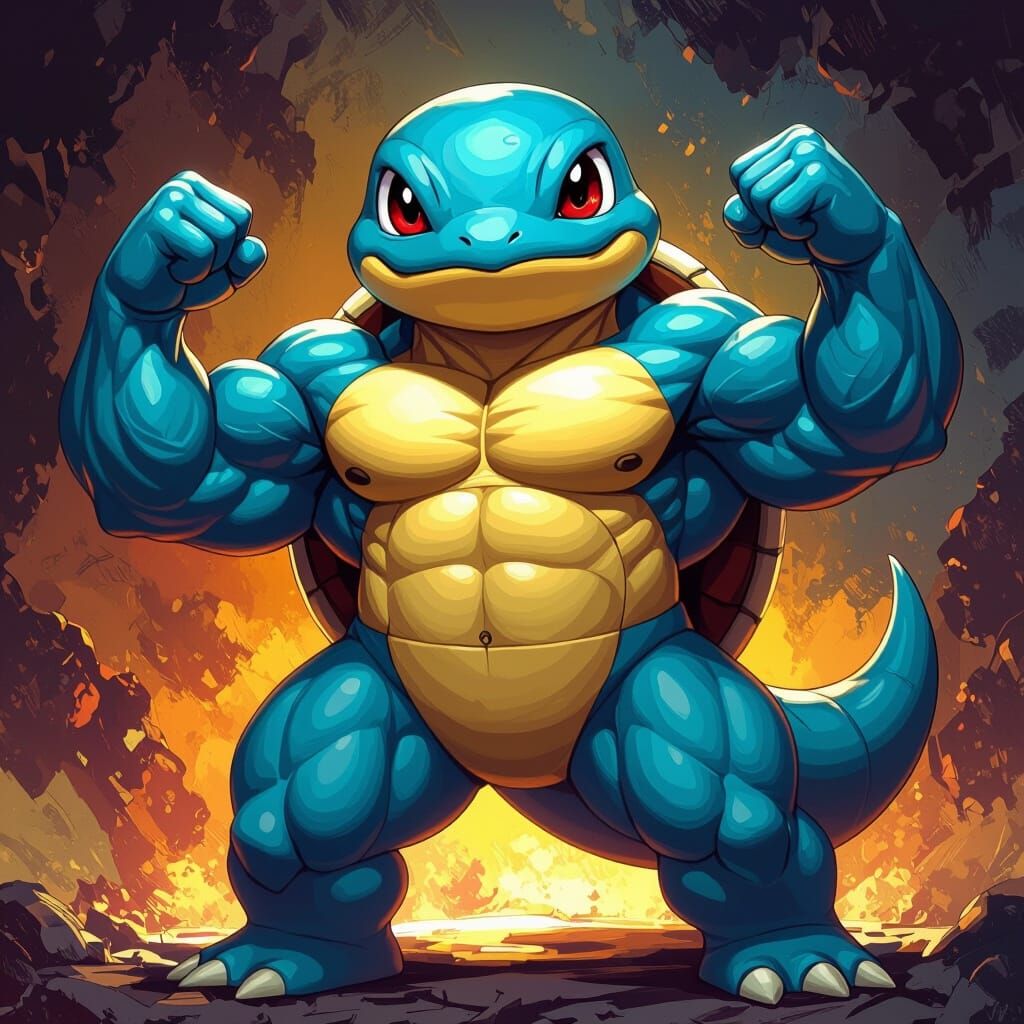 Muscular Squirtle Flexing Biceps in Comic Book Style