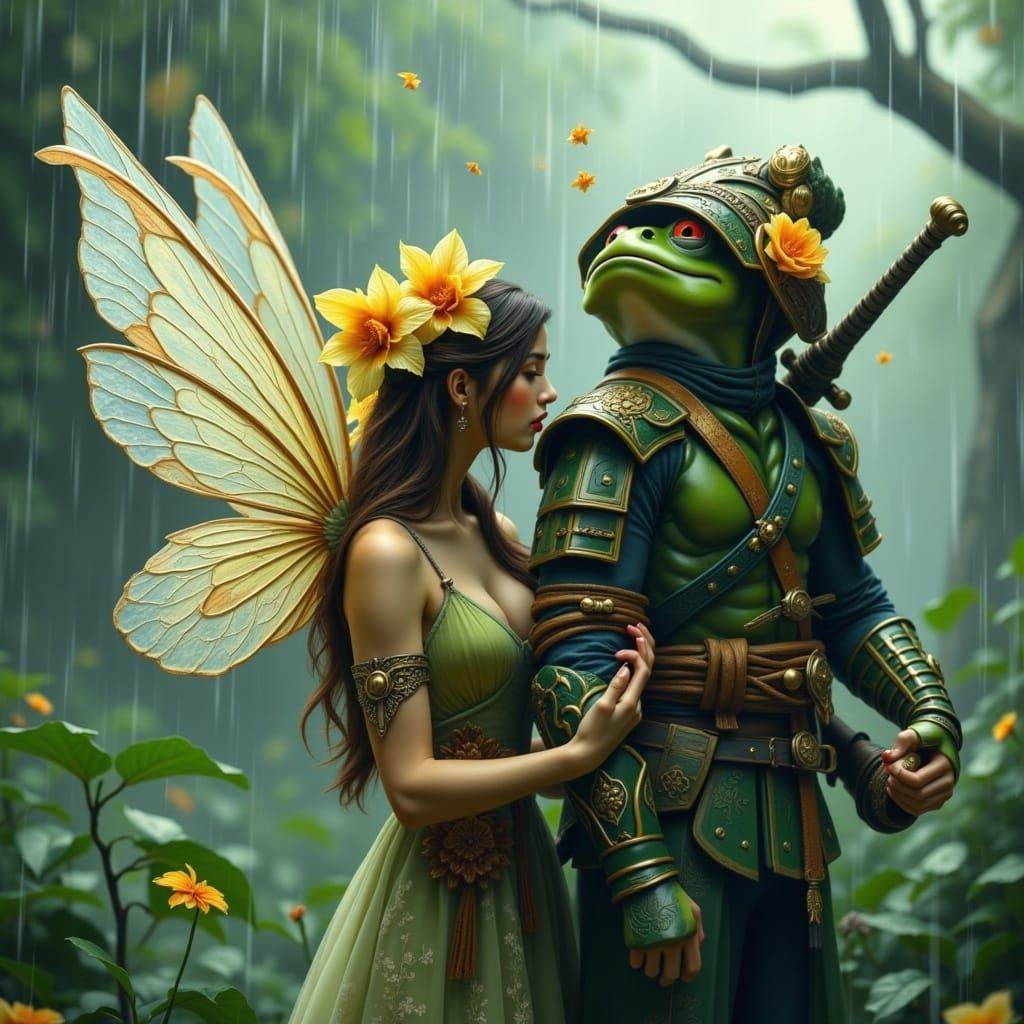 Mystical Fairy and Frog Warrior in a Dreamlike Rainy Landsca...