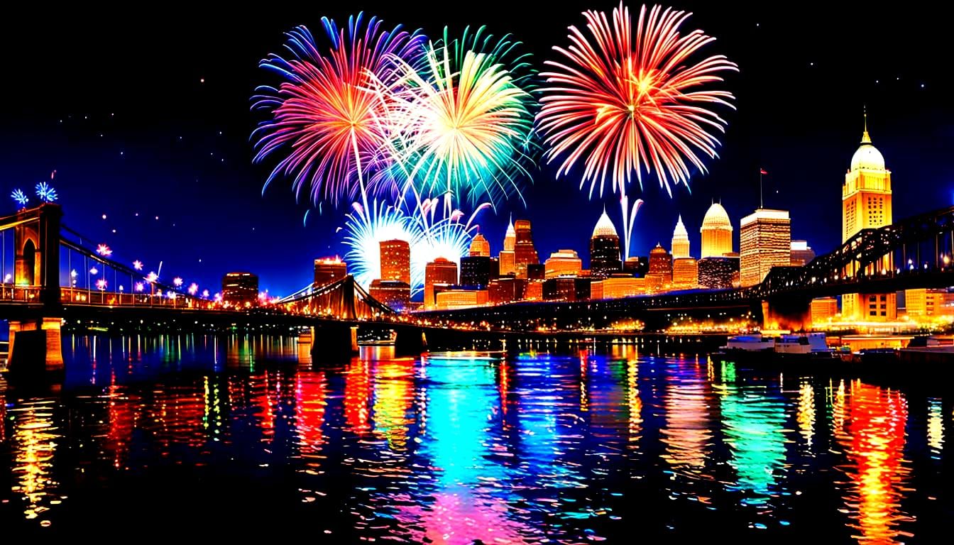Nighttime Fireworks Over Cincinnati Ohio Cityscape