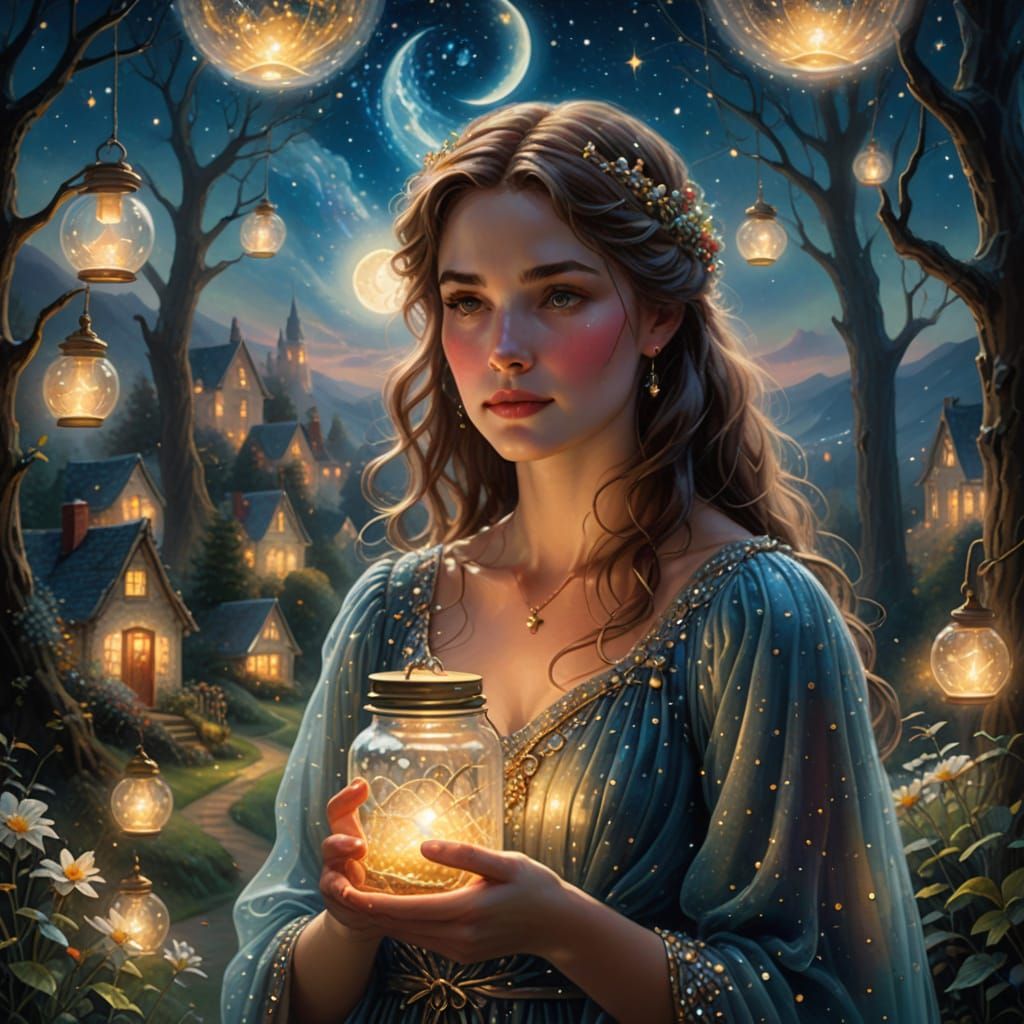 Ethereal Fantasy Woman Under Starry Night Sky