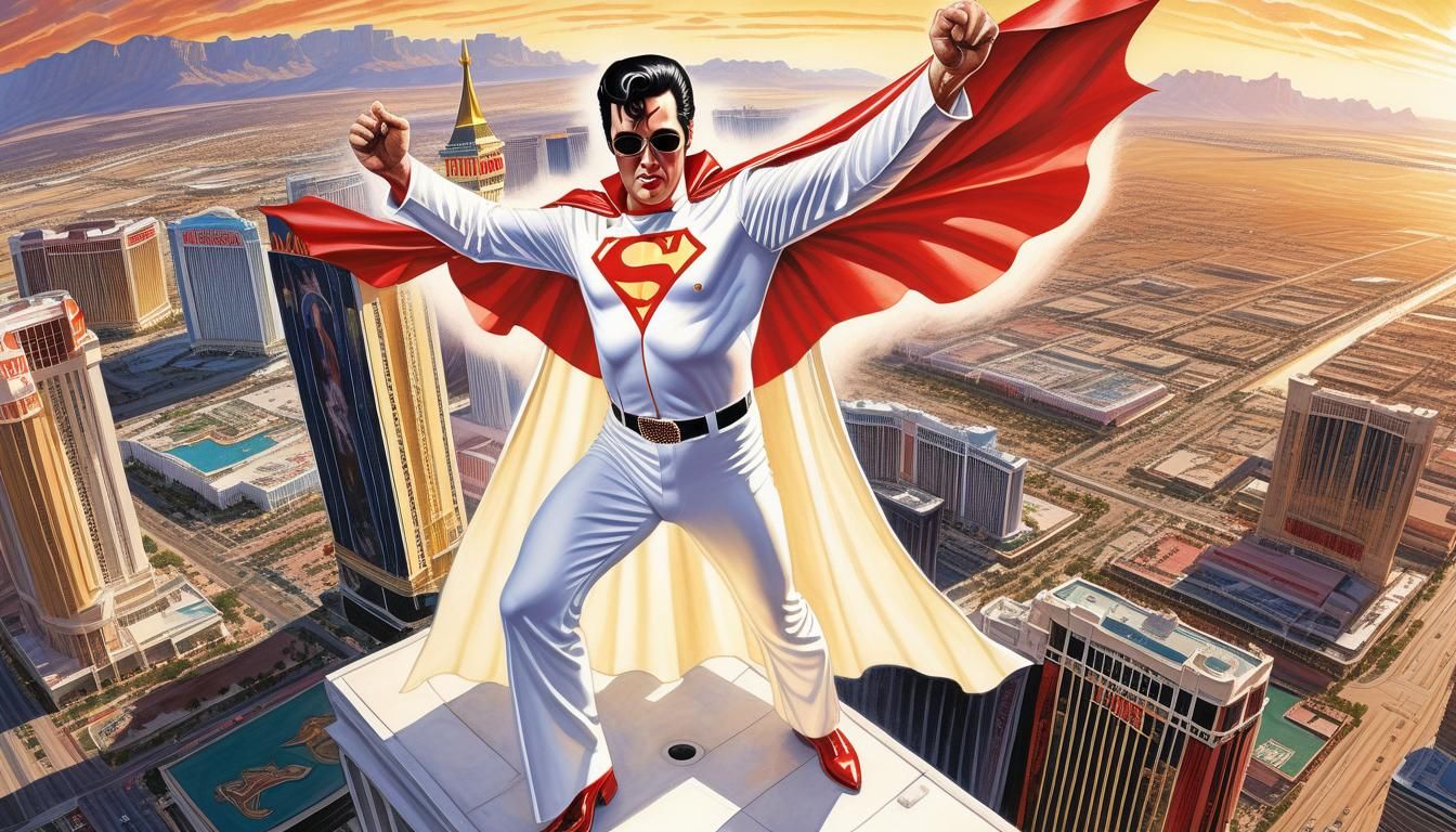 Flying Elvis Superhero Over Las Vegas, Comic Art