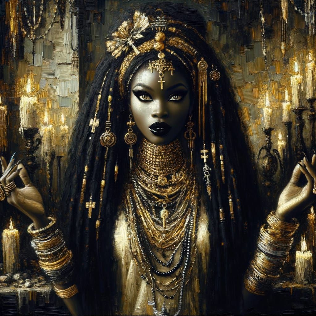 Haitian Voodoo Priestess in Shadowy Chamber