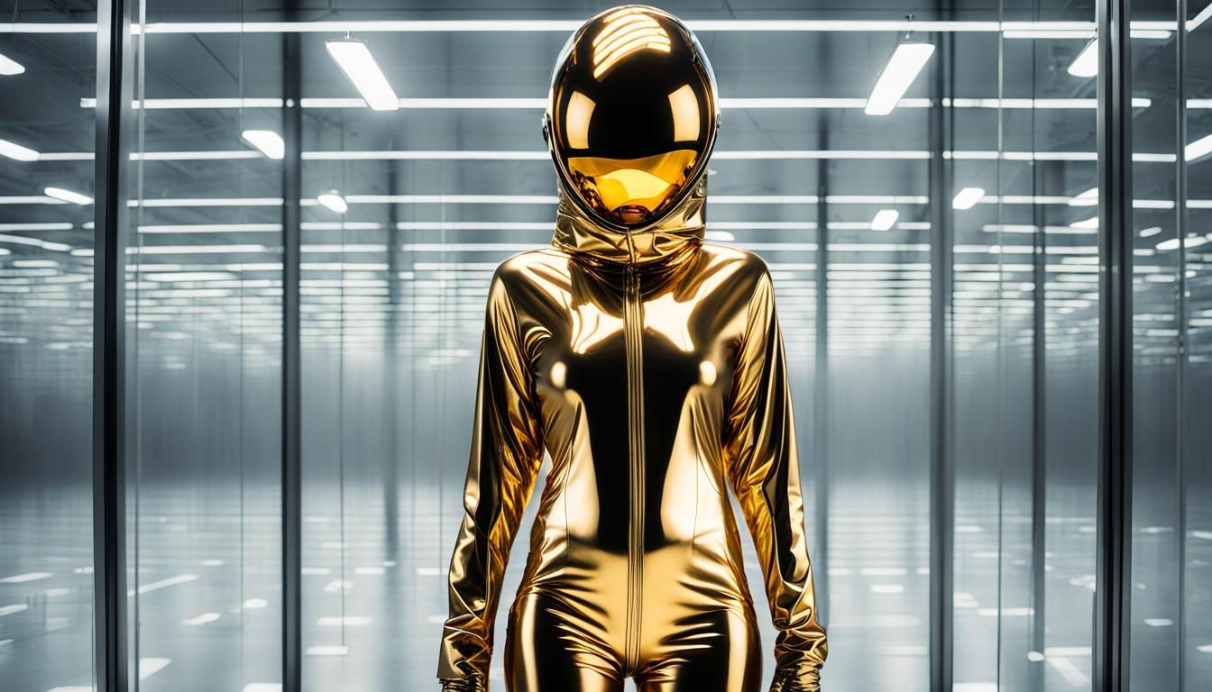 Goddess in Gold Hazmat Suit with Mirrored Mask