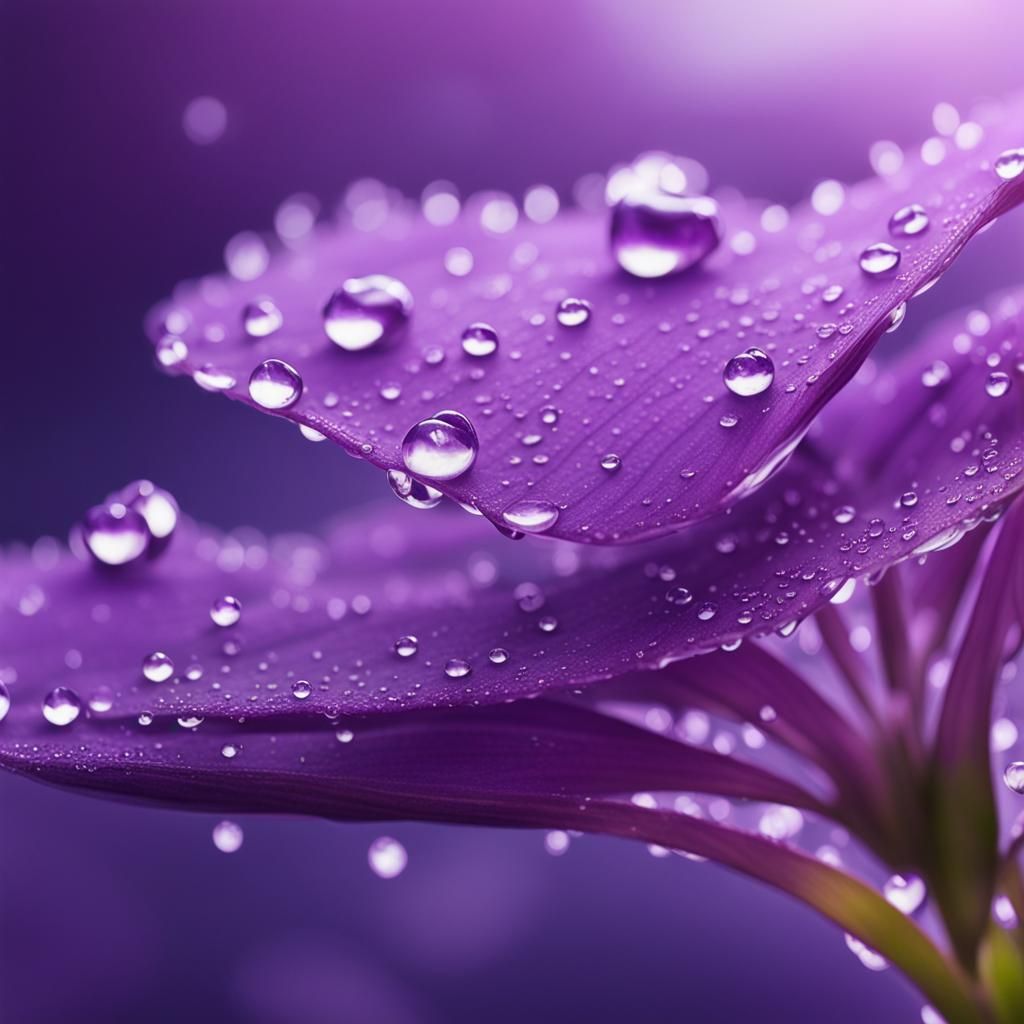 Dew Drops on Purple Petal: Micro Photography