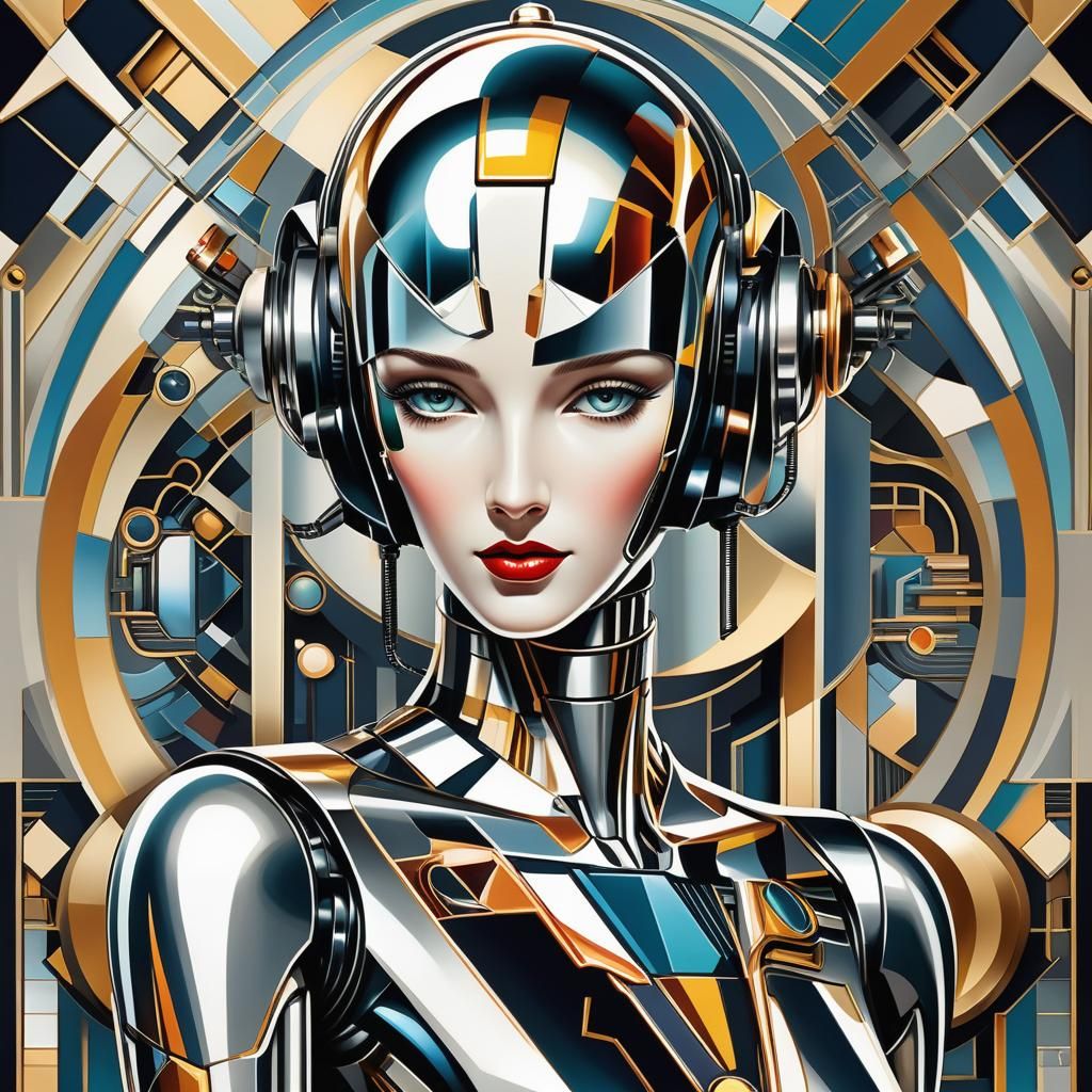 Art Deco Robot Illustration in Metallic Colors