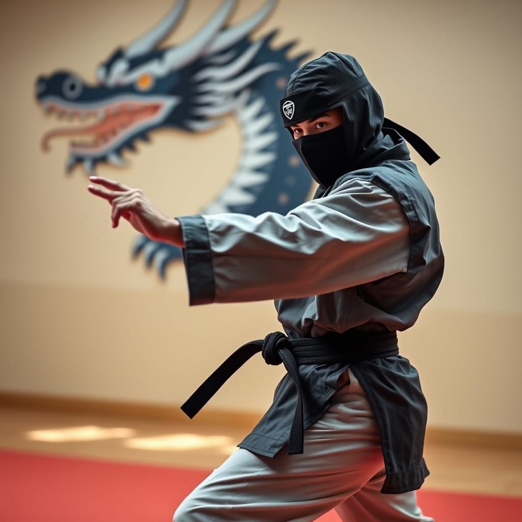 Karate Master Performing Moves in Dojo with Dragon