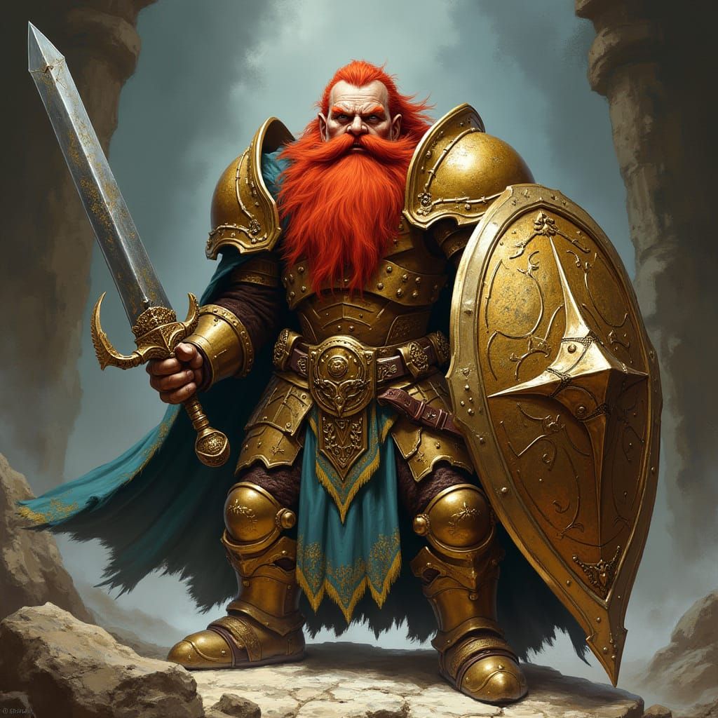 Dwarf Paladin in Gold Armor, Fantasy Art Style