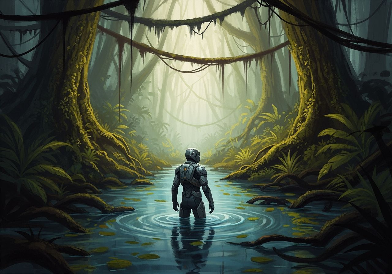 Futuristic Figure in Flooded Jungle, Verdant Loish Style