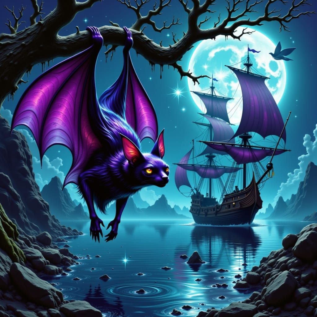 Mythical Bat with Pirate Patch in Moonlight