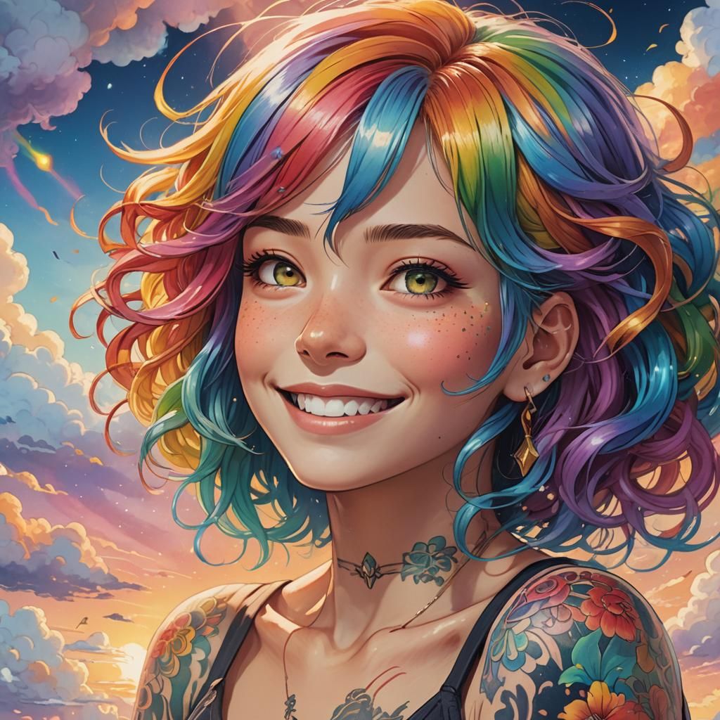 A portrait of a beautiful and colorful tattooed woman with r...