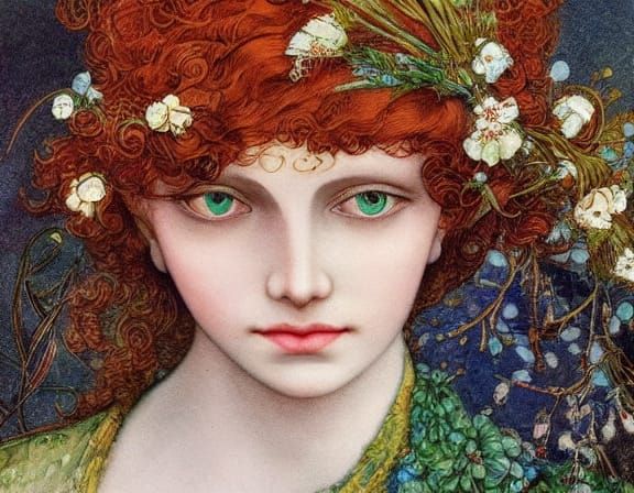 Ginger Girl in Wildflowers, in an Art Nouveau Style