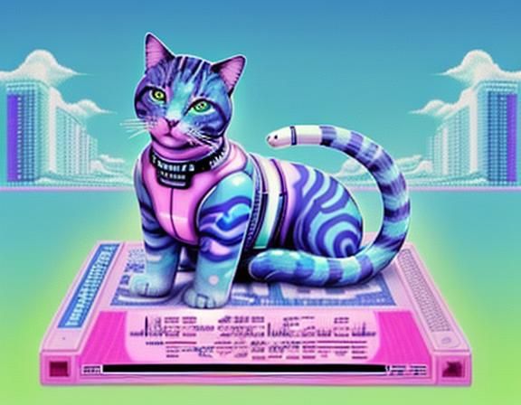 Vaporwave Cat with Glitches and Japanese Text